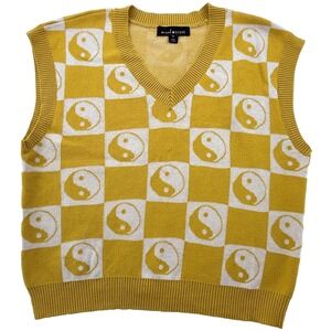 Social Scene Yin Yang Sweater Vest Womens M Yellow Checkered Knit Trendy Preppy